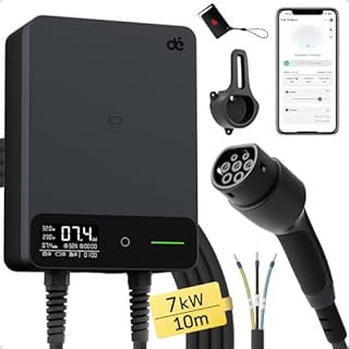 dé Borne de Recharge Véhicules Électrique 7kW APP [10m, 6-32A, Monophasé] Wallbox 7kW avec Câble de Recharge Type 2 10m, RFID, Borne de Recharge avec RCD Type-B et ip54 pour E-208 et Autres BEV/PHEV