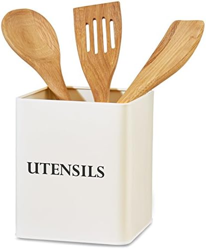 Andrew James Vintage Kitchen Utensil Holder Caddy | Large Retro Square Storage Holder Cream with Black Text | Vintage Style | 14cm x 14cm x 16.3cm