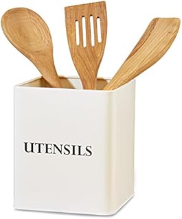 Andrew James Vintage Kitchen Utensil Holder Caddy | Large Retro Square Storage Holder Cream with Black Text | Vintage Style | 14cm x 14cm x 16.3cm