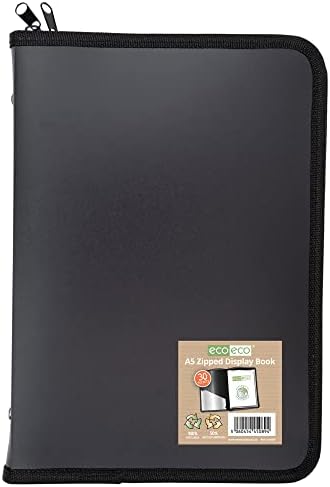 eco-eco A5 50% Recycled 30 Pocket Black Zipped Presentation Display Book, File Folder, Artwork Portfolio with Plastic Sleeves, eco089