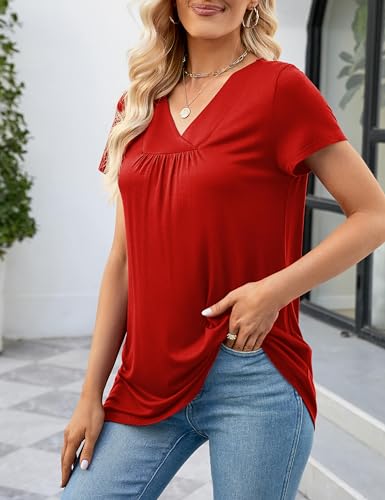 Amoretu Women's Short Sleeve V-Neck T-Shirt - Casual Summer Blouse In Red, Soft Rayon Fabric, Loose Fit (Size XL)
