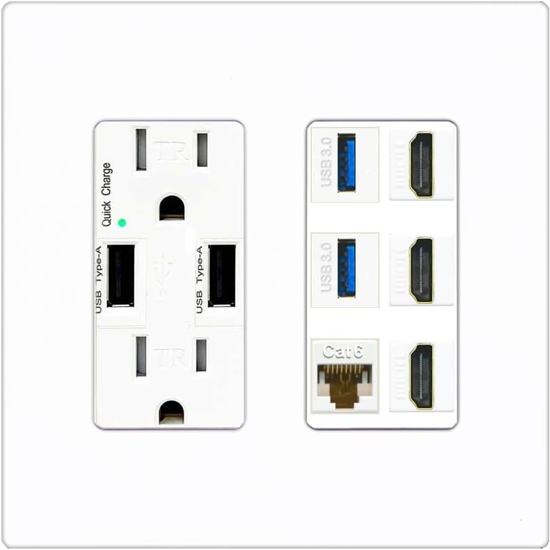 RiteAV 3 Port HDMI 2 Port USB 3.0 1 CAT6-RJ45 Wall Plate - USB Outlet [Ivory/White]