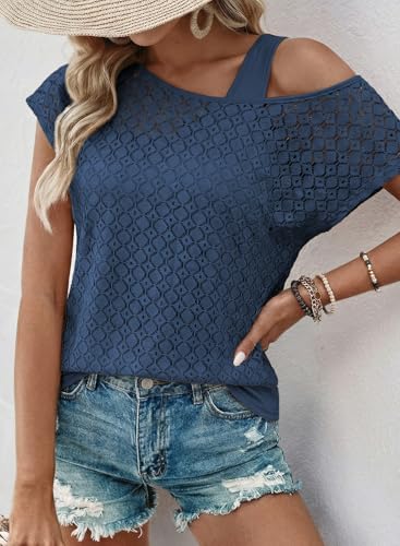 Dokotoo Women's Beach Cover Up for Women Short Sleeve Shirts Dressy Lace Summer Hollow Out Tops 2026 Spring Trendy Casual Womens Tops Cute Work Outfits Blouses Two Piece Set Sail Blue — view 2