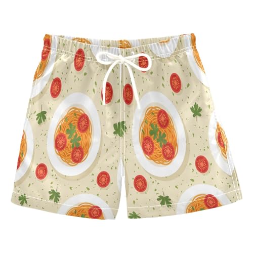 Boys Swim Trunk Quick Dry Spaghetti Tomato Plates Pattern Board Shorts Swimwear 6-14T