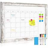QUEENLINK Monthly Dry Erase Calendar Whiteboard for Wall, 24' x 18' Magnetic White Board Calendar Board - Rustic Vintage Wooden Frame