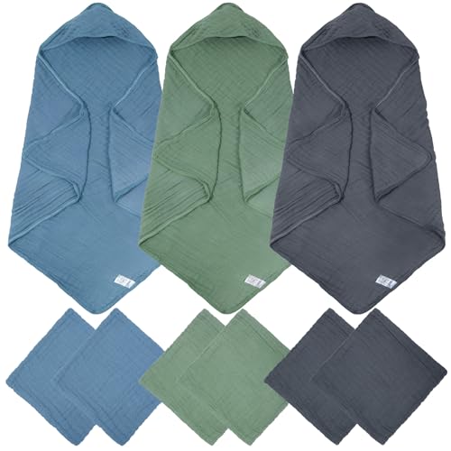 Image of Cozypower 9 Pcs Baby Hooded Bath Towel and Washcloth Sets Muslin Cotton Hooded Baby Towel for Newborn Large 32 x 32 Inch Infant Toddler Hooded Towels Baby Towels with Hood Soft and Absorbent (Dark)