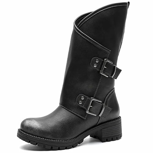 GLOBALWIN Women's Motocycle Boots Distressed Silver Boots For Women Fashion Dressy Mid Calf Comfortable Chunky Heel Size 7.5M — view 2