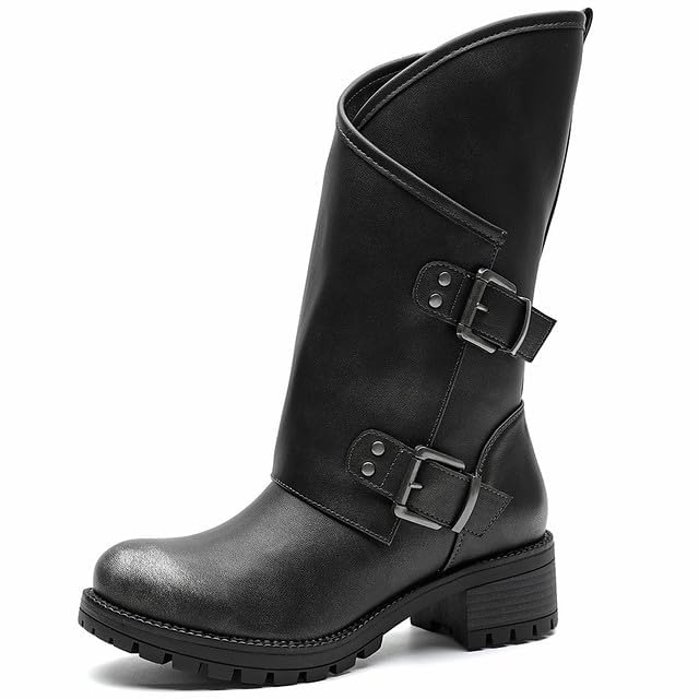 GLOBALWIN Women's Motocycle Boots Distressed Silver Boots For Women Fashion Dressy Mid Calf Comfortable Chunky Heel Size 8.5M - image 2