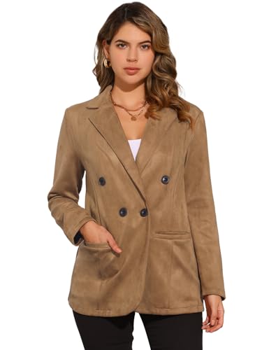 Image of Allegra K Faux Suede Blazer for Women's Dressy Lapel Collar Double Breasted Suit Jacket Light Brown L