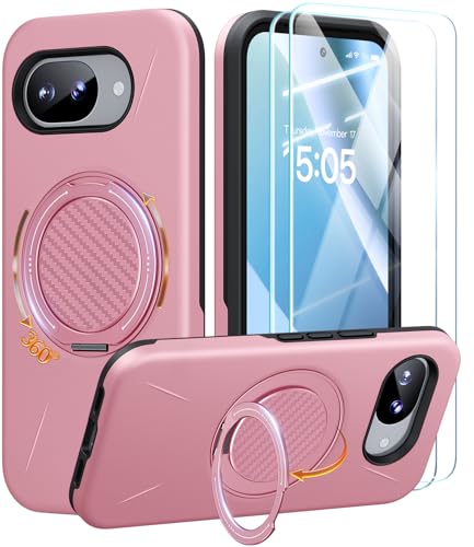 AOUIA für Google Pixel 10A Hülle mit 2X Panzerglas, 360° Ringständer, Unterstützt kabelloses Laden, Stoßfest nach Militärstandard Handyhülle für Pixel 10A, Rosa