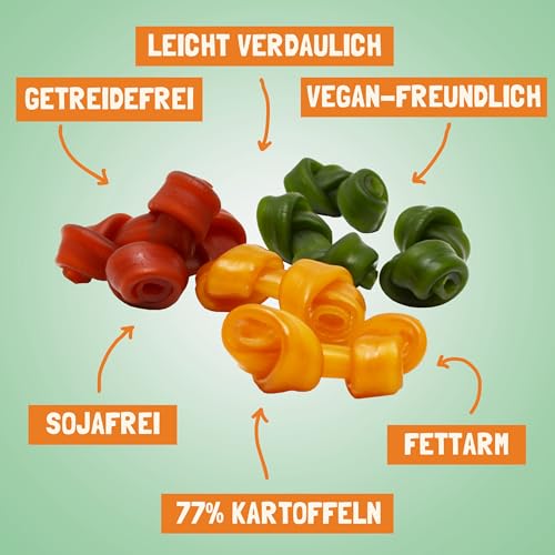 Pawtato kleine Kauknoten für Hunde vegan (1,6 kg Mischpackung), Hundeleckerli mit Süßkartoffeln, Reis & Backhefe für Energie, Leckerli für Hunde & Welpen auf Pflanzenbasis, Kausnack, gemischte Farben