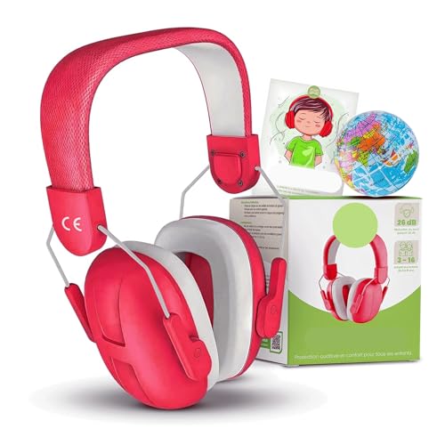 SPHERE NATURE Cuffie Antirumore Bambini Rosse – Riduzione Rumore 26dB | Protezione Udito EN 352 | con Ebook Educativo + Pallina Antistress Mondo | Isolanti per Concerti, Scuola, Viaggi
