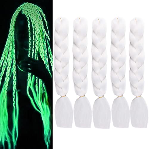 5pcs Glow in the Dark Hair 24inch White Braiding Hair Pre Stretched Colored Hair Extensions for Braiding Luminous Jumbo Braids for Kids Girls Women for Halloween 5pcs white