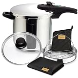 Magefesa Athenas - Pack Exclusivo Olla Express Rápida 7.5L + Cestillo + Tapa de Cristal + Paño + Tomaollas, Acero Inoxidable 18/10, Para Inducción, Fondo Termo-Difusor