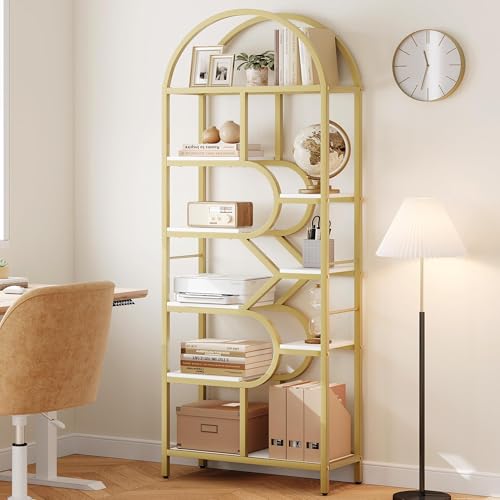 Garvee Bookshelf 6 Tier Arched, Bookcase 82 Inch Tall Display Racks, Geometric Open Storage Shelf, Book Rack Metal Frame Large Modern Bookshelf for, Living Room, Home, Office, Gold+White
