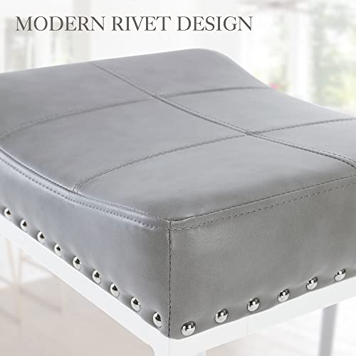 Lue Bona Counter Height Bar Stools, 24" Square Saddle Barstools Set Of 4, Modern Backless Faux Leather Counter Stool With White Metal Legs For Kitchen Island Counter,Home Bar,Bistro,Grey #TOP3