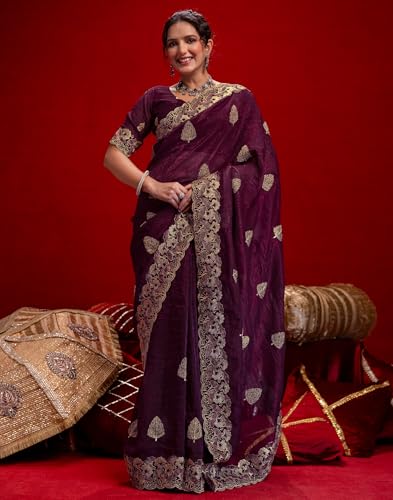 Image of SIRIL Women's Shimmer Chiffon Sequence Embroidery Saree With Unstitched Blouse Piece for Wedding and Parties