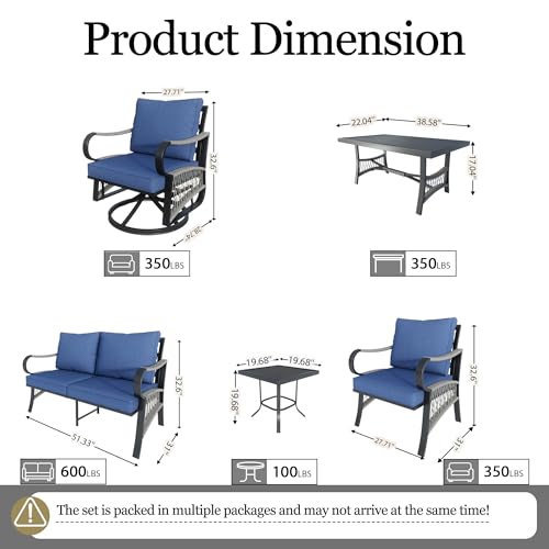 Image of 7 Pieces Patio Conversation Sets, All-Weather Metal Swivel Rocking Chairs with Rope Furniture Set, Outdoor Sofa Couch for Deck, Porch, Garden, Backyard, Poolside (Blue Cushions)