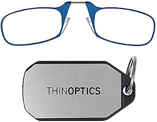ThinOptics Keychain Case + Rectangular Reading Glasses, Blue, +2.50