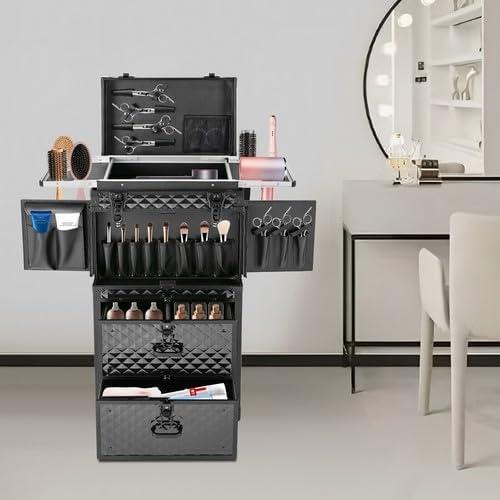 4-in-1 Rolling Makeup Case on Wheels with Drawer, Multi-functional Lockable Cosmetic Train Case Large Trolley Storage Case, Beauty Salon Cosmetic Luggage, Cosmetic Organizers for Hairstylist (Black)