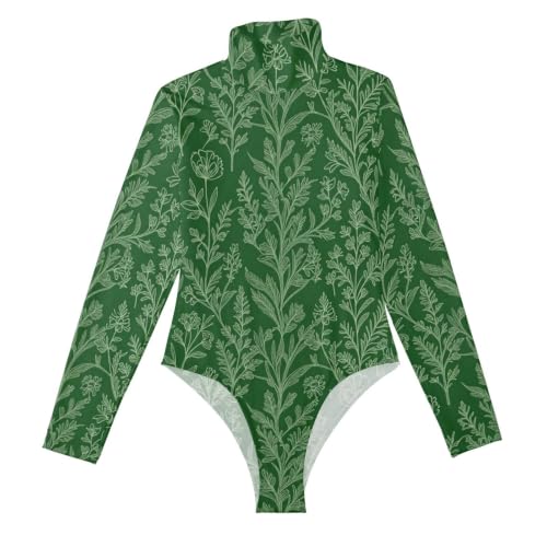 Body de manga larga para mujer GuoChe con estampado de bosque verde y cuello alto elegante
