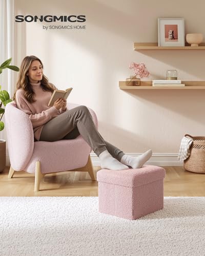 Image of SONGMICS Small Folding Storage Ottoman, Jelly Pink | Foot Rest Stool, 12.2 x 16.1 x 12.2 Inches, 286 lb Capacity, Bedroom, Dorm, ULSF094R01