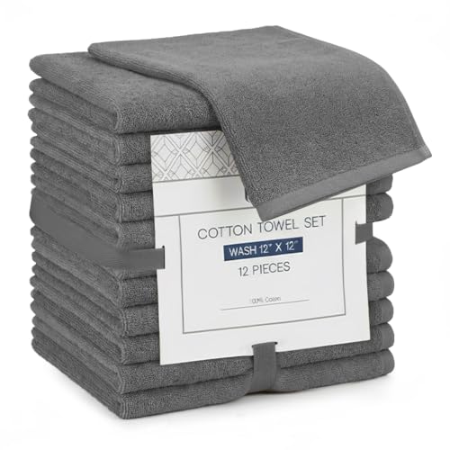 Linteum Textile Supply Premium 12x12 Washcloth (Grey) – 100% Cotton Zero Twist Towels | Absorbent, Quick Dry, Durable for Bathroom, Spa, Gym (12 Pack)
