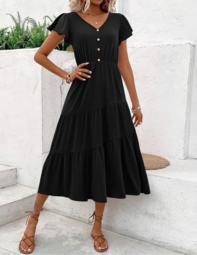 Image of Zeagoo Women's Summer Casual Dress Flutter Short Sleeve V Neck Button Down Tiered Flowy Long Dress with Pockets