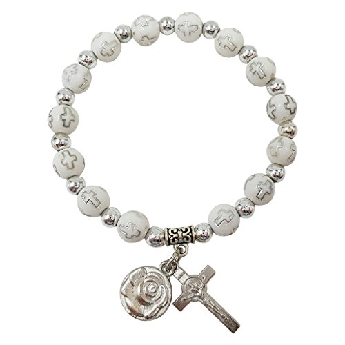 Treasure4U-Store White Beads Catholic Rosary Bracelet Stretch Bracelets for Women Rose & Cross Charms