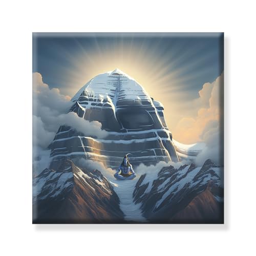 Image of EXSHA Mount Kailash with Meditating Lord Shiva Decorative Canvas Wall Painting|Sacred Himalayas Spiritual Art Print for Pooja Room, Yoga Studio, Living Room, Home Decor|Religious Paintings|24x24 Inch