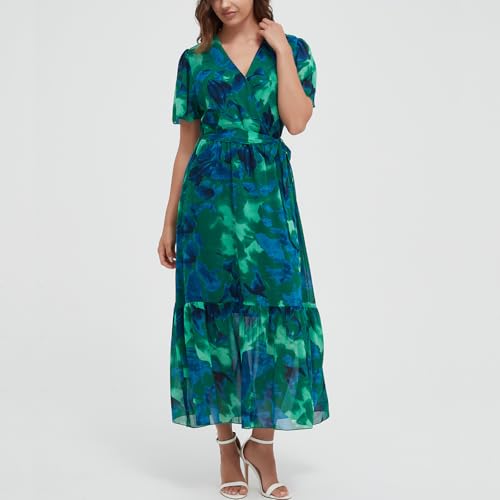 Image of Women's Summer Bohemian Floral Chiffon Dress Cap Sleeve V Neck Ruffle Long Flowy Boho Casual Vacation Dresses