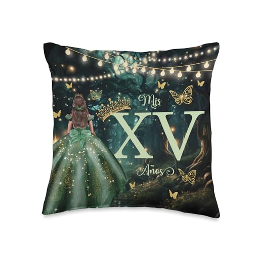 Enchanted Forest Emerald Green Quinceañera Throw Pillow Alternate Variant