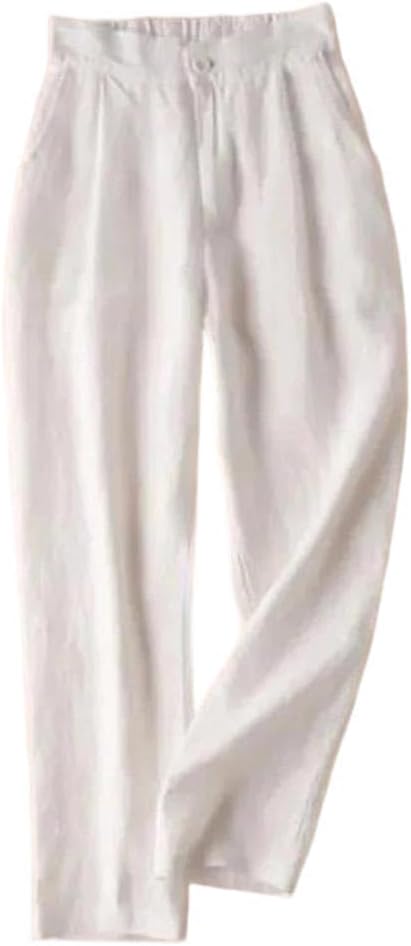 Women's Office High Waist Pants Cotton Linen Ankle-Length Elastic Waist Elegant Casual Trousers