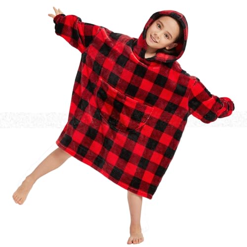 Teen Wearable Blanket Hoodie Red and Black Plaid Warm Oversized Sweatshirt Hooded Blanket Ideal for Family and Friends One Size Fits All