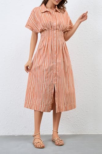 Image of MSBESYOR Women Button Front Pleated Shirt Maxi Dress Summer Striped Prints Short Sleeve Collar Casual Long Dresses