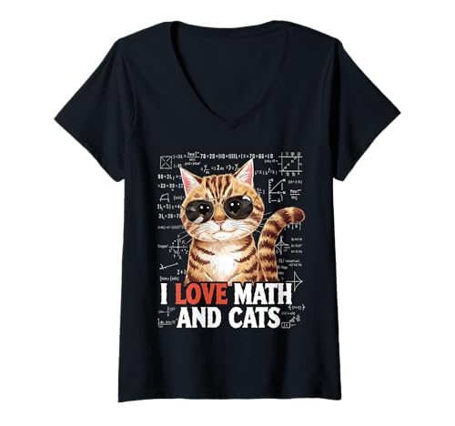 Donna Amo Matematica e Gatti Insegnante Matematica Proprietario di Animali Amanti Gatti Maglietta con Collo a V