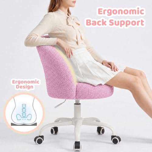 Image of DurayLoly Vanity Chair Armless Cute Desk Chair with Wheels Soft Teddy Fleece Swivel Task Chair Adjustable Height & Silent Casters Ideal for Vanity Table, Bedroom & Dorm Lilac Purple
