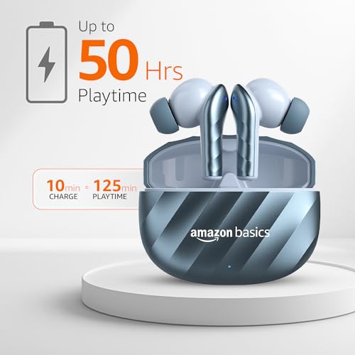 Image of amazon basics TWS in-Ear Earbuds (AB-T10) with Fast Charging up to 50 Hours of Playtime | Dual 10mm Driver | IPX4 Water-Resistance | Bluetooth 5.3 | Charging Case with Mic | Touch Control (Blue)