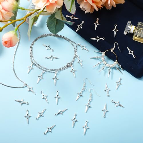 Image of Mabor 100 x DIY silver pendants for bracelets, pendants for crafts, silver stars, jewellery making, small hollow four-pointed star pendant, metal jewellery, craft, bracelet, earrings, necklace