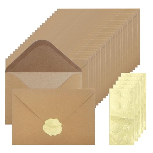 Kraftpapier Umschläge 50 Stück Braun Briefumschläge 120 g DIN C6 (162 * 114cm) Vintage Briefumschläge Umschlag ohne Fenster mit Siegelaufkleber für Weihnachten Valentinstag Geschenkkarten