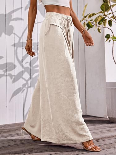 CORSKI Flowy Wide Leg Palazzo Pants for Women Dressy Casual Elastic Waist Lounge Long Trousers with Pocket Large Beige - image 7