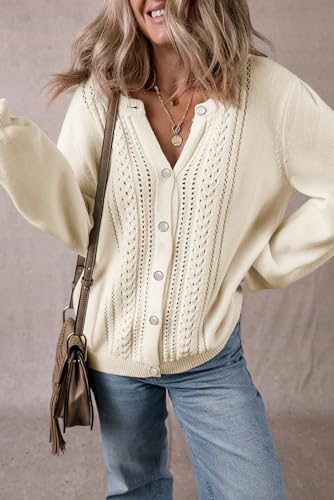Women's Apricot Pleated Sleeve Hollow Detail Button Sweater Cardigan2