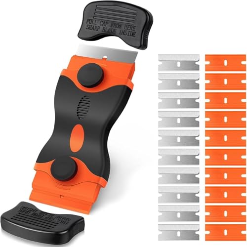 Rascador de cuchillas de afeitar, herramienta raspadora 2 en 1 con 10 cuchillas de plástico y 10 cuchillas de metal, raspador de limpieza multiusos para removedor de juntas, etiquetas adhesivas y