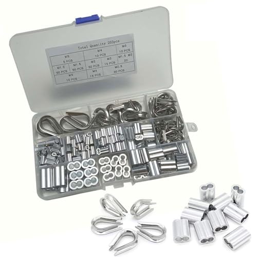 SagaSave 265Pcs Stainless Steel Wire Rope Cable Thimbles and Aluminum Crimping Loop Sleeve Assortment Kit for Dog Leashes Garden Picture Hanging Clothes Lines Industrial Marine
