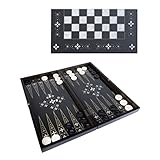 HBS Games Black Pearl Backgammon Brettspielset 48 Zentimeter Spielbrett Schach Dame 3 in 1 Set aus Holz mit Acryl-Spielsteinen, marmorierte Optik, Freunde und Erwachsene