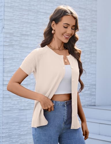 Image of FreshNight Women's 2025 Short Sleeve Cardigan Button Up Hollowed Out Crewneck Shrug Sweaters Knit Sweater Tops Lightweight