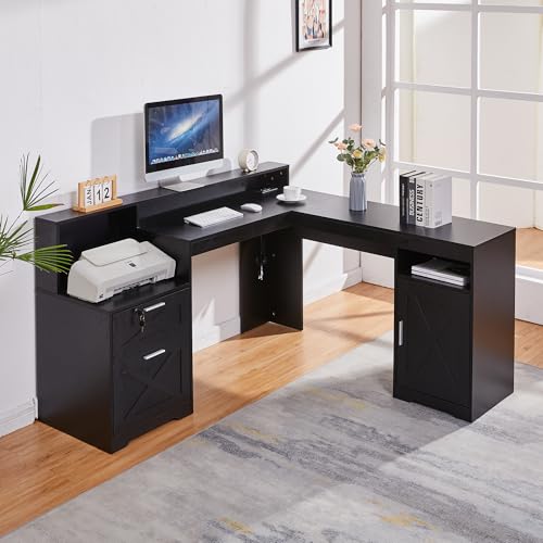 boknight 60" L Shaped Executive Desk with Printer Space,Corner Computer Desk with Power Outlets,Lockable Drawers & Adjustable File Cabnet,L Shaped Office Desk with Monitor Stand (Black)