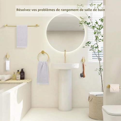 Lot de 5 Accessoires de Salle de Bain en Acier Inoxydable SUS304 de 60 cm, Porte-Papier Toilette, Anneau pour Serviettes, Crochet de Peignoir, Accessoire de Salle de Bain Mural pour Or – vue 3