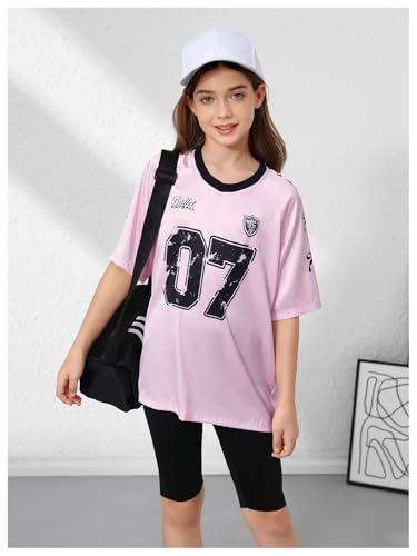 Image of GORGLITTER Girl's Cute Tee Tops Y2K Oversized Jersey Letter Graphic V Neck Half Sleeve Summer Vacation Going Out Shirts