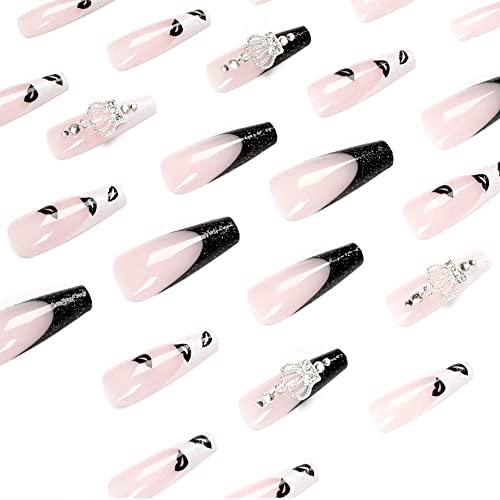 Sixdian Press On Nails Long Coffin With 3D Crown Designs, Black And White Fake Nails With Glue On Nails Glitter False Nails Acrylic Nails Press On Artificial Full Cover Fasle Nails For Women And Girls 24 Pcs (Bd Style) #TOP2